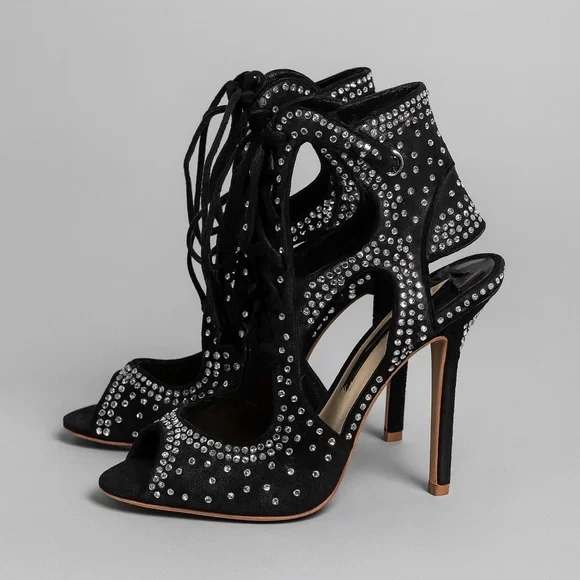 Sophia Webster Satin Crystal Embellished Lace-Up Black Strappy Heels Size 7 / 37